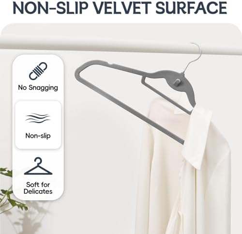 Velvet Stackable Hangers 50 Pack Space Saving Cascading Hook Gray