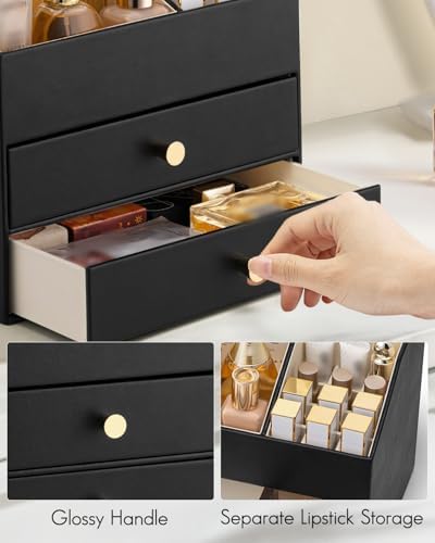 VLANDO 3-Layer Makeup Organizer with 2 Large Drawers for Vanity,Black