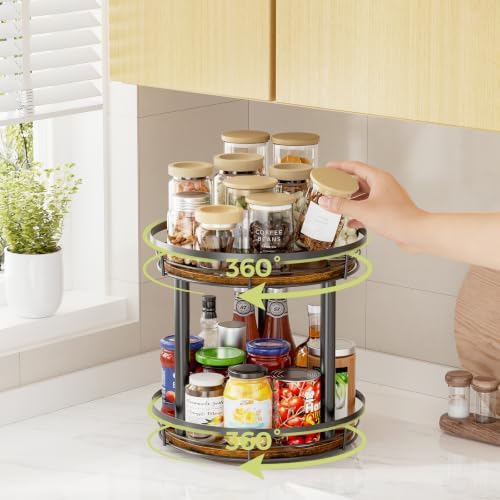 LAMU 12'' Wood Lazy Susan Spice Rack Organizer, 2 Tier Spice Organization for Cabinet, Countertop, Kitchen, Table Top, P