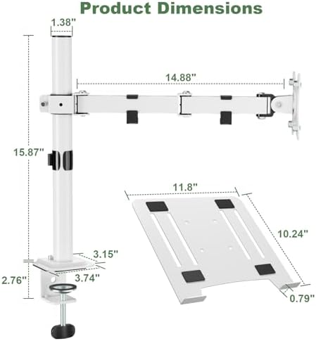 UPGRAVITY White Laptop Desk Mount with Vented Tray for Notebook up to 17 inch, Fully Adjustable Single Laptop Arm Stand 