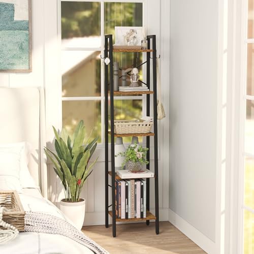 YMYNY 5 Tiers Ladder Bookcase, Industrial Narrow Bookshelf, Open Display Rack with 4 S Hooks, Metal Storage Shelves for 