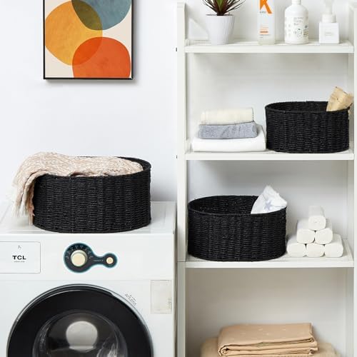Vagusicc Wicker Basket, Set of 3 Round Storage Baskets for Organizing, Woven Paper Rope Wicker Storage Basket with Handl