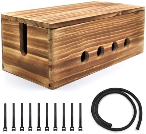 Large Wood Cable Management Box, Vintage Walnut Cord Organizer 14"