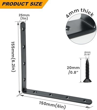 Alise 4Pcs Floating Shelf Brackets, Black Heavy Duty L Bracket for Shelves