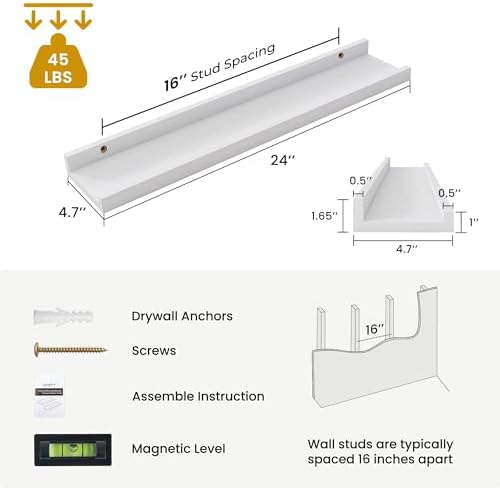 Acovy Solid Ash Wood Picture Ledge Shelf, 24 Inch, White, Set of 2