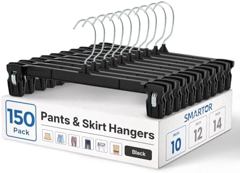 Smartor Black Pants Hangers 150 Pack, Skirt Hangers with Clips, 10 Inch