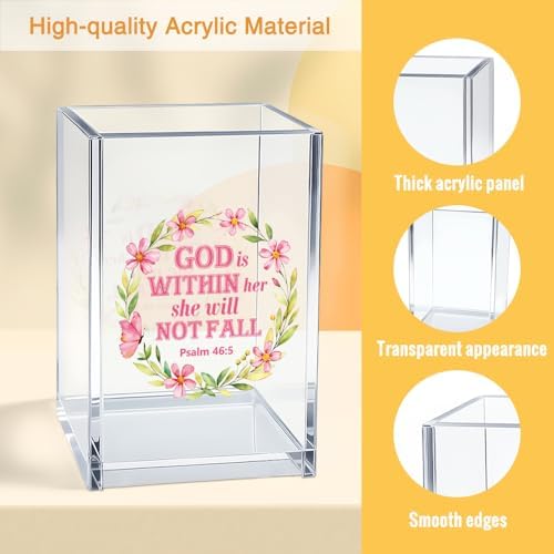 God Is Within Her Acrylic Cosmetic Pencil Pen Holder Cup, Bible Verse Christian Gifts for Mom Grandma Aunt Sister Daughter Women, Appreciation Gifts for Coworker Boss Leader Colleague Female