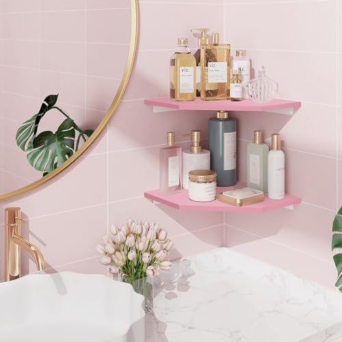Homode Corner Floating Shelves, Corner Wall Shelf with Cord Hole, 2 Tier Wood Hanging Corner Shelf for Bathroom, Bedroom