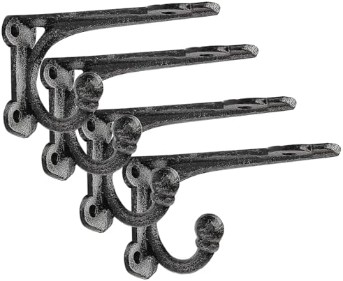 Cast Iron Shelf Brackets 4 Inch, 4 Pack Black Rustic Shelf Brackets with Hooks，Heavy Duty Floating Brackets Wall Mounted