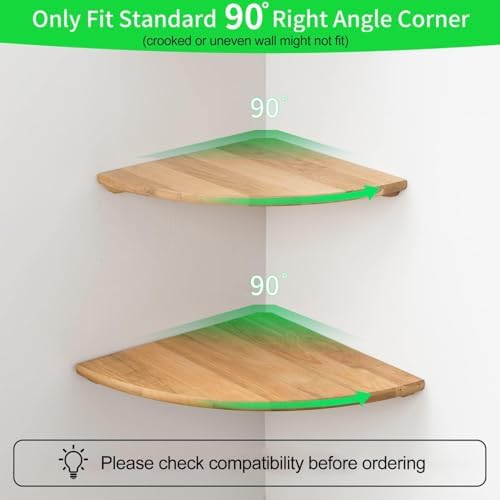 Corner Shelf,16inch Natural Oak Solid Wood Floating Corner Shelves Wall Mount Round End Floating Speaker Rack with Wire 