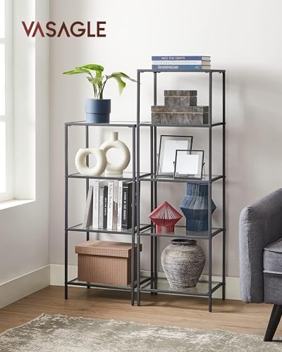 VASAGLE Bookcase Bookshelf, Tempered Glass Bookshelves, Steel Frame