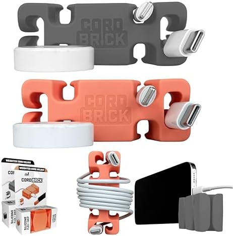 CordBrick 2PK Silicone + Steel Weighted Cord Holders for Nighstand, Cable Wraps for Travel, iPhone Accessories, Small Gr
