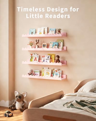 Shario Nursery Book Shelves, 4-Pack White Floating Shelves for Wall Kids, Scalloped Shelves, Wall Book Shelves for Bedro