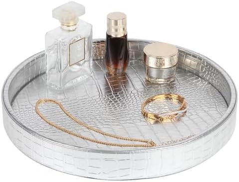 HofferRuffer Faux Leather Round Serving Tray, Vegan Croco Leather Decorative Tray, Food Tray for Storage Drinks, Snack &