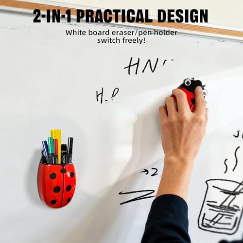 Cute Ladybug Magnetic Pen Holder, Strong Magnet for Glass Whiteboard, Refrigerator & Locker - 2 Pack Marker Organizer, Dry Erase Marker Holder for School, Home & Office (Red)