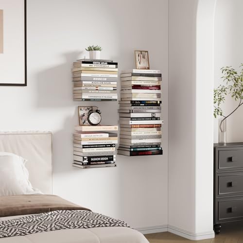 Wawocs Invisible Bookshelves for Wall, 6 Tier Floating Bookshelf Made of Heavy Duty Metal, Vertical Spine Book Tower Han