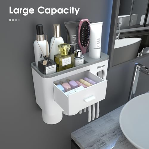iHave Toothbrush Holders Wall Mounted with Toothpaste Dispenser & 2 Cups