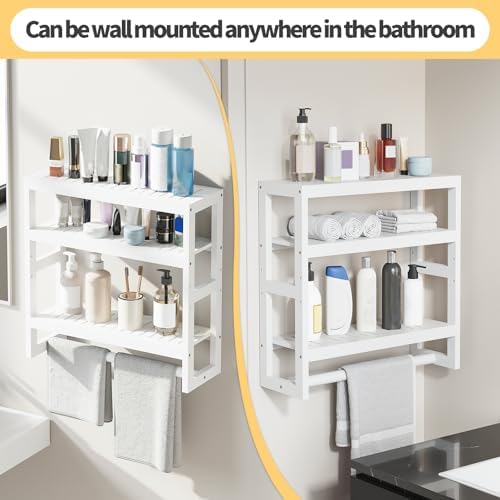 Bathroom Shelves with Hanging Bar Over Toilet Storage - Adjustable Wall Organizer (White)