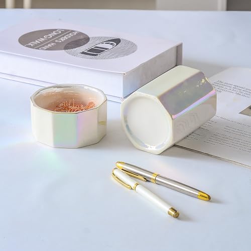 Desk Organizer Set of 2 For Office, Iridescence Pen Holder and Paper Clip Holder, Ceramic Cute Pencil Cup, Paper Clip Dispenser for Desktop, Makeup Brush Holder (Pearl)