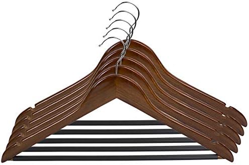 Home Basics 5 Pack Wooden Non-Slip Suit Hangers with Pants Bar – Smooth Finish Solid Wood Coat Hanger 360° Swivel Hook a