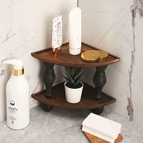 GoFika Small Corner Shelf Stand, 2 Tier Wooden Shelving Unit Black Riser, Vintage Corner Countertop Pedestal Stand Stack