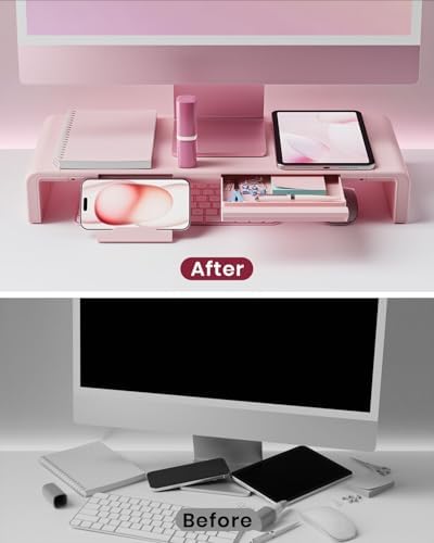 Pink Monitor Stand Riser, Klearlook Foldable, Height Adjustable Computer Stand, Desk Shelf Riser with Storage Drawer &Ta