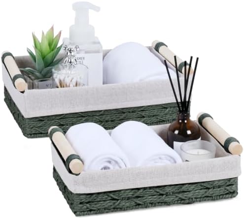 Wicker Storage Basket with Wooden Handle – Paper Rope Decorative Toilet Paper Baskets & Bathroom Organizer for Toilet Ta