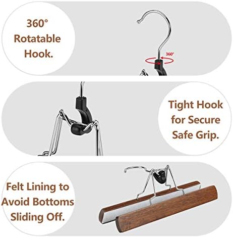 AMKUFO 12 Pack Wooden Pants Hangers with Clips Non Slip Skirt Hangers Walnut Trouser Clamp Hanger Solid Wood Hanger with 360° Swivel Hook