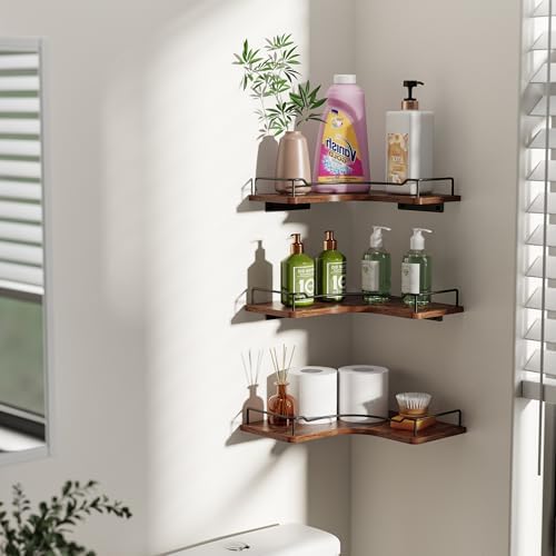 L-Shaped Corner Floating Shelves Wall Mounted Set of 3,Brown