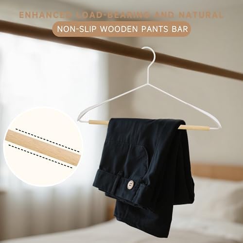 Wide Shoulder Wire Hangers with Beechwood Pants Bar, White, 12-Pack