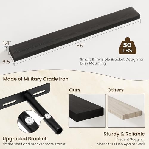 Axeman 55Inch Floating Shelves for Wall, 2 Packs, Invisible Brackets, Black
