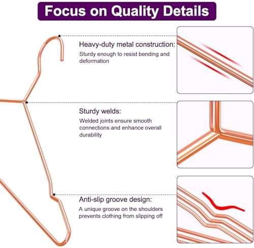 40Pack Rose Gold Metal Hangers with 5 Included Clips, Strong Metal Hangers
