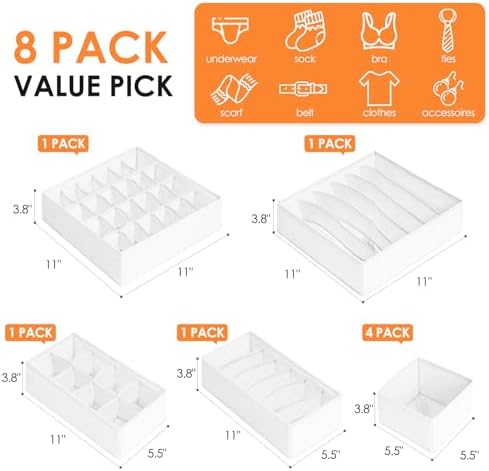Criusia Drawer Organizer Clothes, 8 Pack Dresser Organizer Bins for Baby Clothes, Underwear Sock, Fabric Closet Organiza