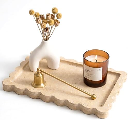Scalloped Travertine Tray, Elegant Decorative Natural Marble Tray for Vanity, Bathroom, Kitchen and Home Decor, Pure Nat