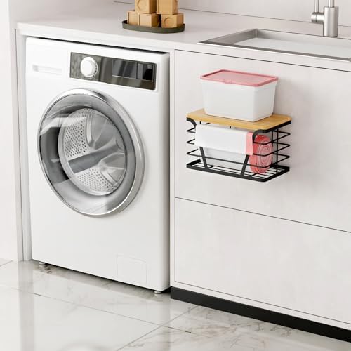 TIDIIABODE Small Grocery Bag Holder, Trash bag holder with Removable Bamboo Top, Wall Mount, No Drill, Stainless Steel, 