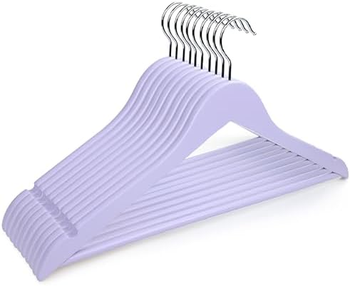 Premium Wooden Hangers 10 Pack, Solid Wood Hanger with Non Slip Pant Bar, Heavy Duty Wooden Coat Hanger, Smooth Finish Wood Clothes Hangers for Shirts, Suits, Jackets, Dress (Lavender Purple)