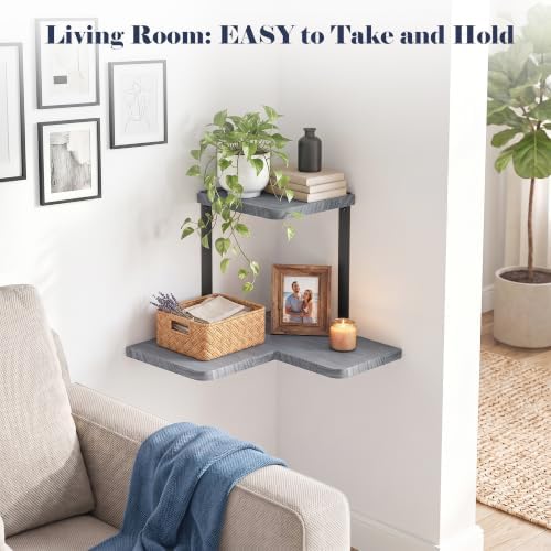 SRIWATANA 2-Tier Corner Wall Shelf,Rustic Wood Display Shelf Weathered Grey