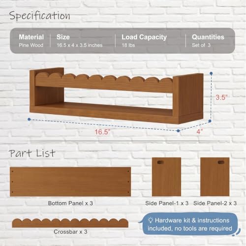 Scalloped Floating Shelves for Nursery, Walnut Scallop Kids Wall Book Shelf