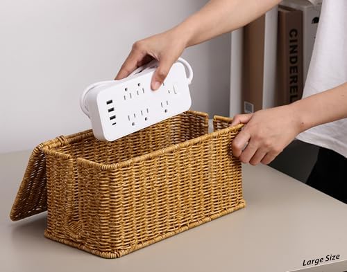 ZhiYo Rattan Cable Management Box, Cord Organizer, Nature, 13.5"x6.2"x6"