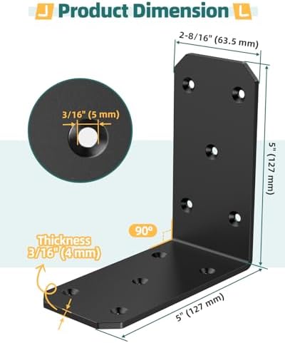 5"×5"×2.5" Corner L Brackets, 90 Degree Corner Brace, Black-4PCS