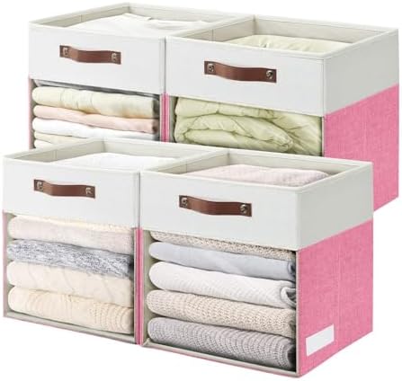 Bagnizer Storage Cubes, 4 Pack Linen Foldable Storage Bins with Clear Window and 2 Handles, 13x15x13 Storage Cube Bins for Shelf Closet, Kallax, Clothes, Books - (Pink / Off-White)
