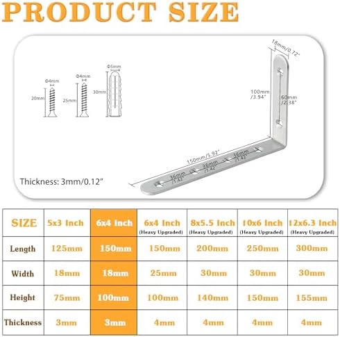 Alise Brushed Floating Shelf Brackets,L Bracket for Shelves,6x4 Inch,4 Pcs