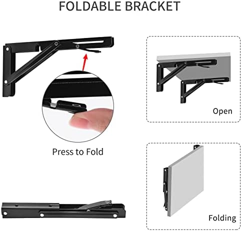 YUMORE 8 Inch Folding Shelf Bracket, Heavy Duty L Bracket, Black, 2 Pack