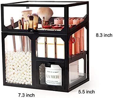 MOOCHI Black Vintage Glass Cosmetic Multifunctional Makeup Organizer with Pearls Dustproof Cosmetics Storage Display Cas