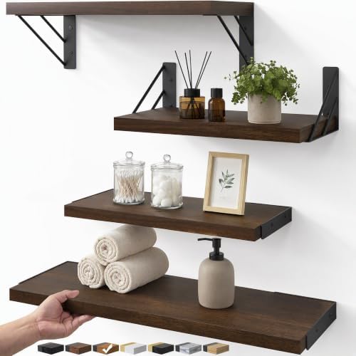 BAYKA Wall Mounted Floating Shelves (Walnut-Like, Set of 4, 16" Mixed)