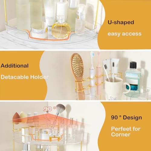 FELIZHOUSE 3-Tier Corner Bathroom Counter Organizer, Bathroom Countertop Shelf Makeup & Skincare Storage with Brush Hold