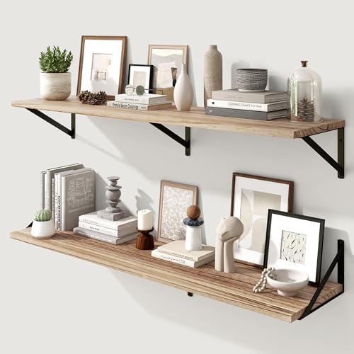 Marsmiles Deep Floating Shelves, 48'' x 12'' Light Wood Shelves Set of 2