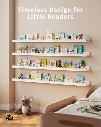 Shario Nursery Book Shelves, 4-Pack White Floating Shelves for Wall Kids, Scalloped Shelves, Wall Book Shelves for Bedro