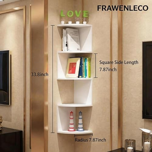 5-Tier Corner Shelf Wall Mount, Screw-Mounted Floating Bookshelf with Enhanced Support, Space-Saving Zigzag Shelf for Be