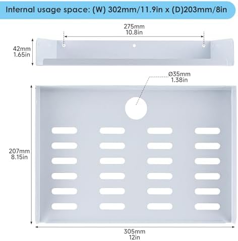 Metal Floating Shelf 12 x 8 Inch, Wall Mounted Shelf with Lip, Cable Hole & Ventilation Slots for WiFi Router, TV Box, D